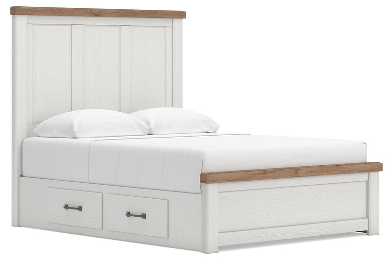 Savonport Queen Panel Bed with Storage, Dresser and Nightstand in White/Brown - PKG025515