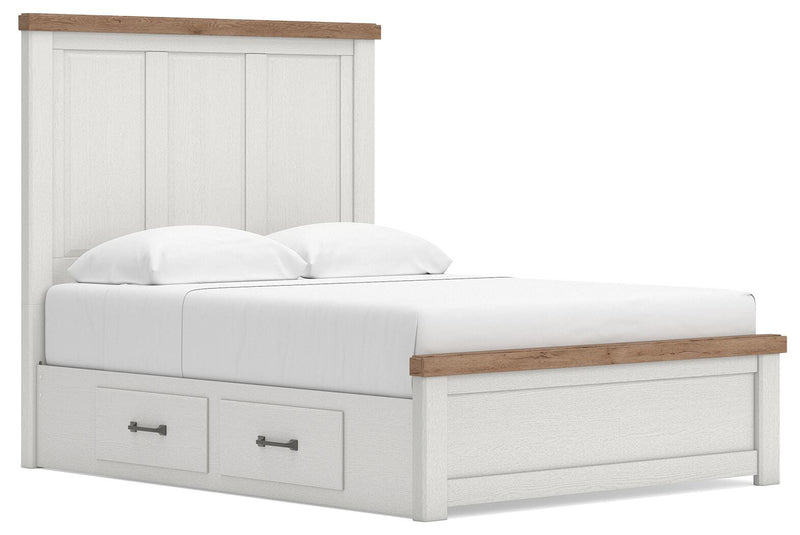 Savonport Queen Panel Bed with Storage, Dresser, Mirror and Chest in White/Brown - PKG025398