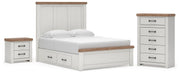 Savonport Queen Panel Bed with Storage, Dresser, Mirror and Chest in White/Brown - PKG025512