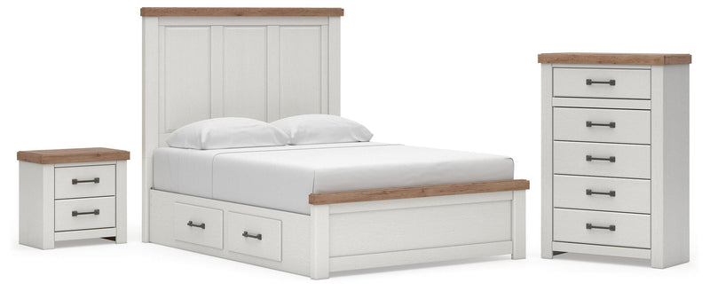 Savonport Queen Panel Bed with Storage, Dresser, Mirror and Chest in White/Brown - PKG025512