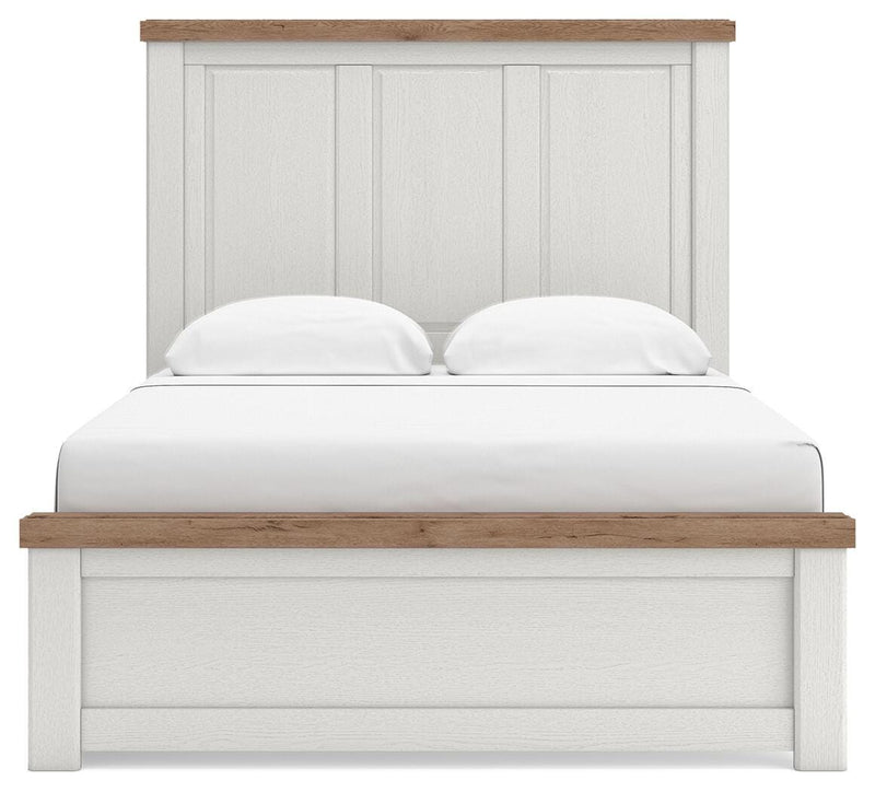 Savonport Queen Panel Bed with Storage. Dresser, Mirror and Nightstand in White/Brown - PKG025397