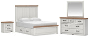 Savonport Queen Panel Bed with Storage. Dresser, Mirror and Nightstand in White/Brown - PKG025511