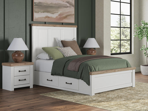 Savonport Queen Panel Bed with Storage, Dresser, Mirror, Chest and Nightstand in White/Brown - PKG025513