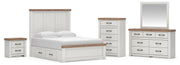 Savonport Queen Panel Bed with Storage, Dresser, Mirror, Chest and Nightstand in White/Brown - PKG025513