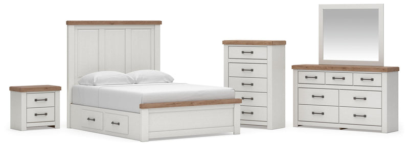Savonport Queen Panel Bed with Storage, Dresser, Mirror, Chest and Nightstand in White/Brown - PKG025513