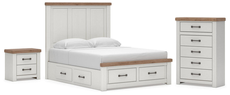 Savonport Queen Panel Storage Bed, Chest and Nightstand in White/Brown - PKG025526