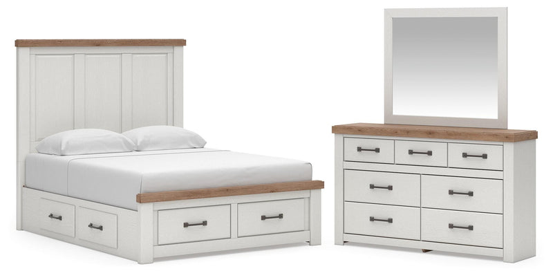 Savonport Queen Panel Storage Bed, Dresser and Mirror in White/Brown - PKG025524