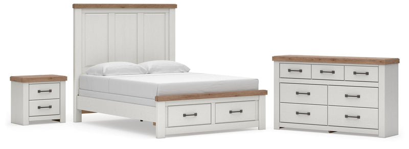 Savonport Queen Panel Storage Bed, Dresser and Nightstand in White/Brown - PKG025587