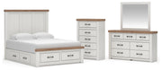 Savonport Queen Panel Storage Bed, Dresser, Mirror and Chest in White/Brown - PKG025528
