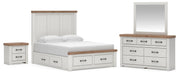 Savonport Queen Panel Storage Bed. Dresser, Mirror and Nightstand in White/Brown - PKG025527