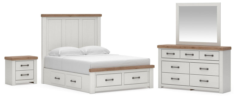 Savonport Queen Panel Storage Bed. Dresser, Mirror and Nightstand in White/Brown - PKG025527