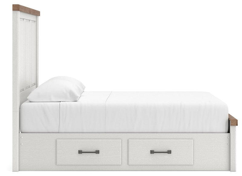 Savonport Queen Panel Storage Bed. Dresser, Mirror and Nightstand in White/Brown - PKG025527