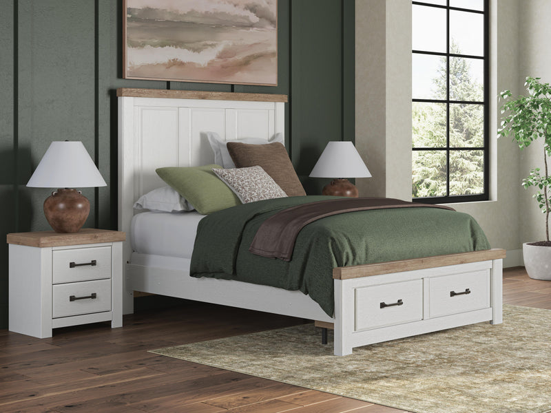 Savonport Queen Panel Storage Bed. Dresser, Mirror and Nightstand in White/Brown - PKG025583