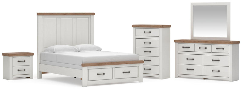 Savonport Queen Panel Storage Bed, Dresser, Mirror, Chest and Nightstand in White/Brown - PKG025585