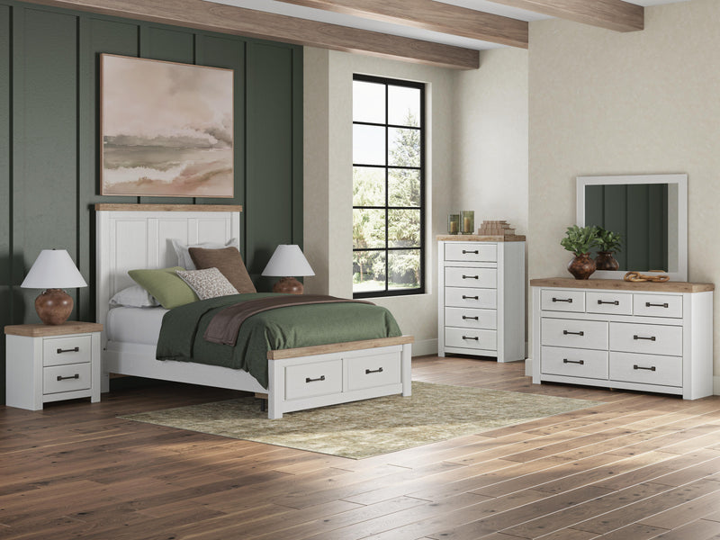 Savonport Queen Panel Storage Bed, Dresser, Mirror, Chest and Nightstand in White/Brown - PKG025585