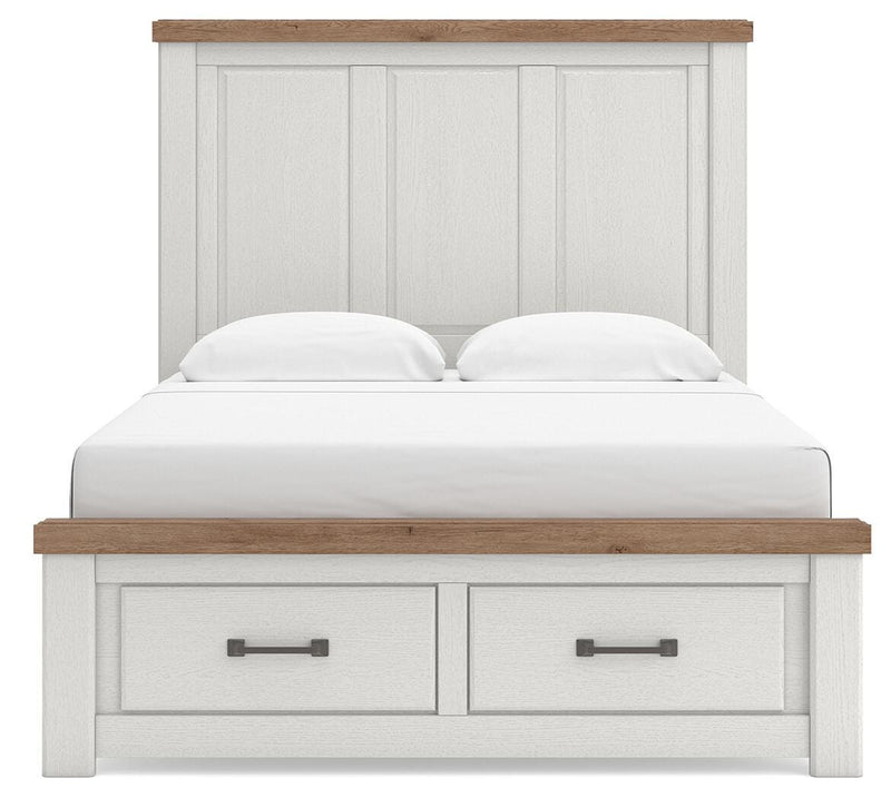 Savonport Queen Panel Storage Bed, Dresser, Mirror, Chest and Nightstand in White/Brown - PKG025585