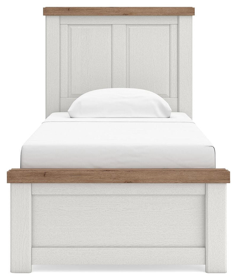 Savonport Twin Panel Bed, Dresser and Chest in White/Brown - PKG025541