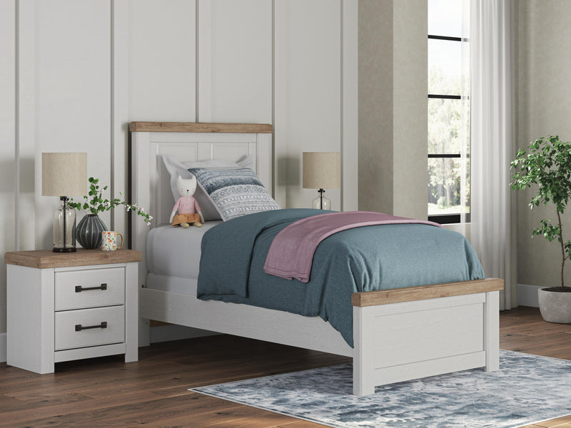 Savonport Twin Panel Bed, Dresser and Mirror in White/Brown - PKG025540