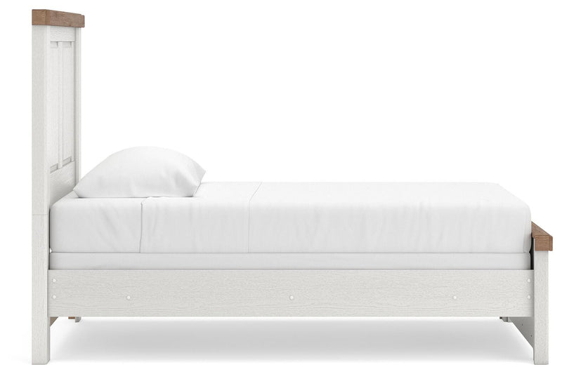 Savonport Twin Panel Bed. Dresser, Mirror and Nightstand in White/Brown - PKG025543