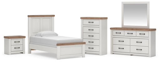 Savonport Twin Panel Bed, Dresser, Mirror, Chest and Nightstand in White/Brown - PKG025545