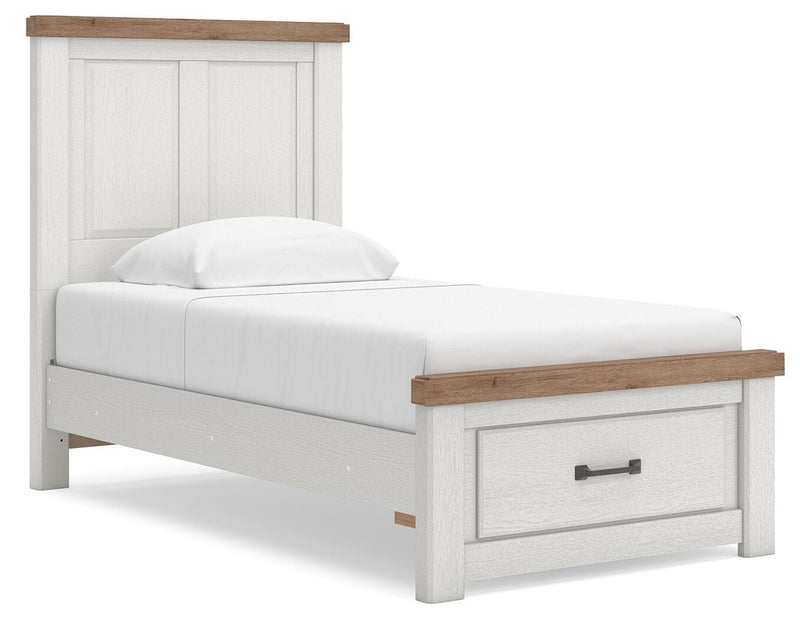 Savonport Twin Panel Storage Bed, Dresser and Chest in White/Brown - PKG025565