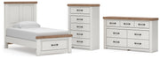 Savonport Twin Panel Storage Bed, Dresser, Mirror and Chest in White/Brown - PKG025568