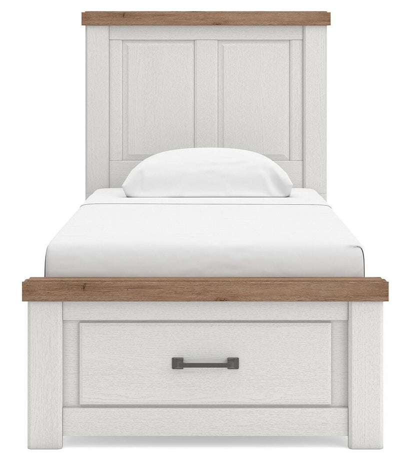 Savonport Twin Panel Storage Bed, Dresser, Mirror and Chest in White/Brown - PKG025568