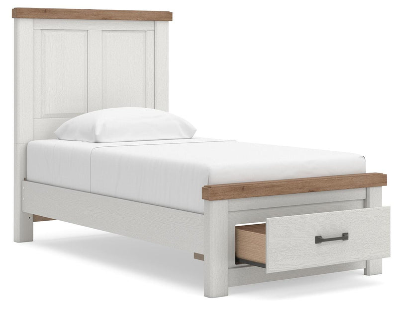 Savonport Twin Panel Storage Bed, Dresser, Mirror and Chest in White/Brown - PKG025568