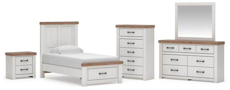 Savonport Twin Panel Storage Bed, Dresser, Mirror, Chest and Nightstand in White/Brown - PKG025569
