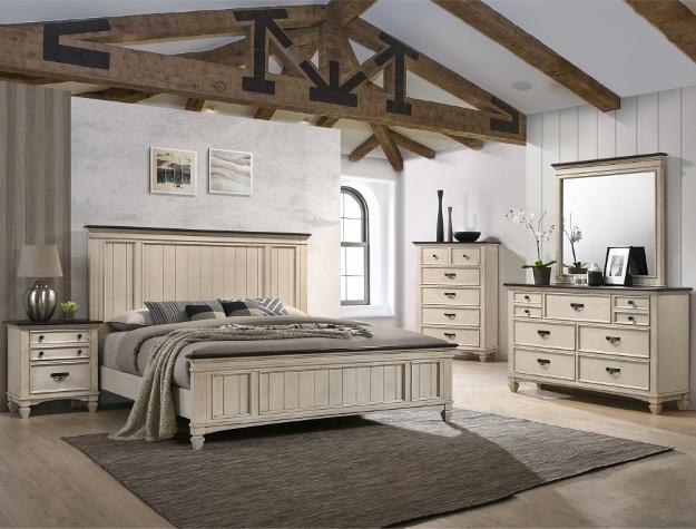 Sawyer Antique White - Brown Queen Panel Bed - DMV FurnitureQueen Bed