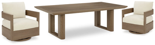 Serene Bay 2 Outdoor Lounge Chairs with End Table in Dark Brown/White from Ashley - DMV Furniture