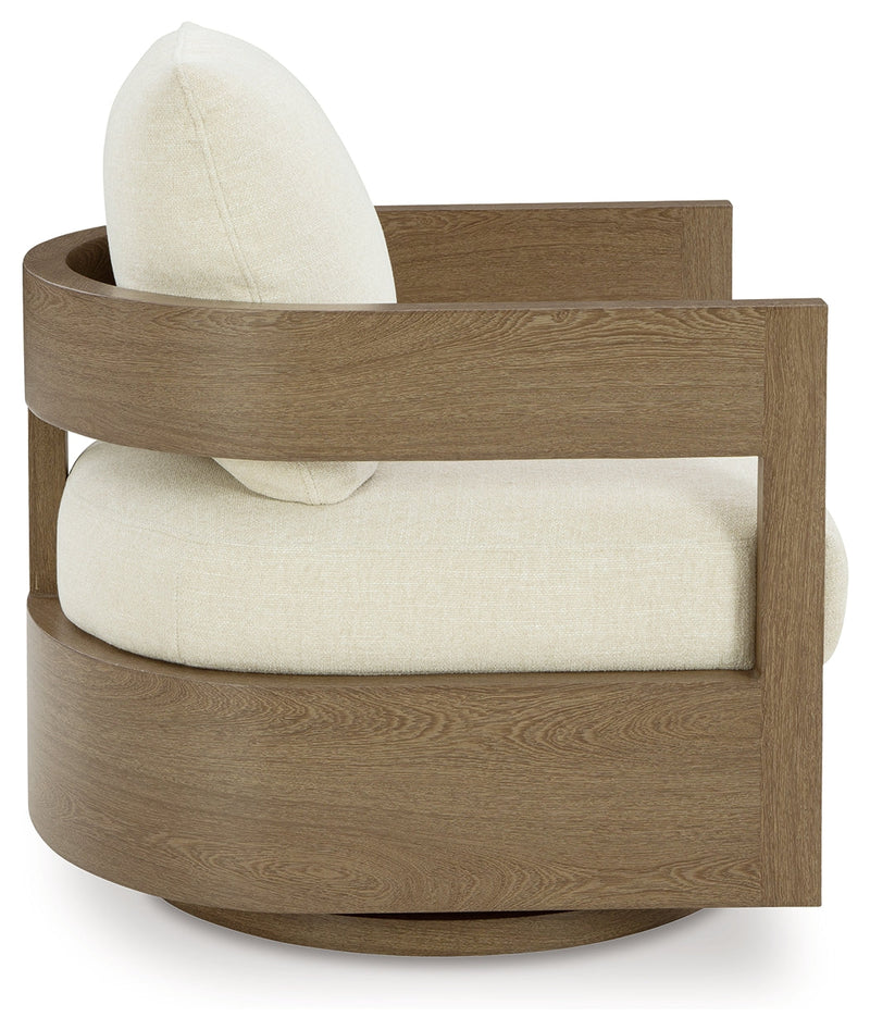 Serene Bay 2 Outdoor Lounge Chairs with End Table in Dark Brown/White from Ashley - DMV Furniture