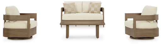 Serene Bay Outdoor Loveseat and 2 Chairs with Coffee Table in Dark Brown/White from Ashley - DMV Furniture