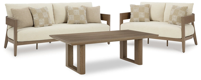 Serene Bay Outdoor Sofa and Loveseat with Coffee Table in Dark Brown/White from Ashley - DMV Furniture