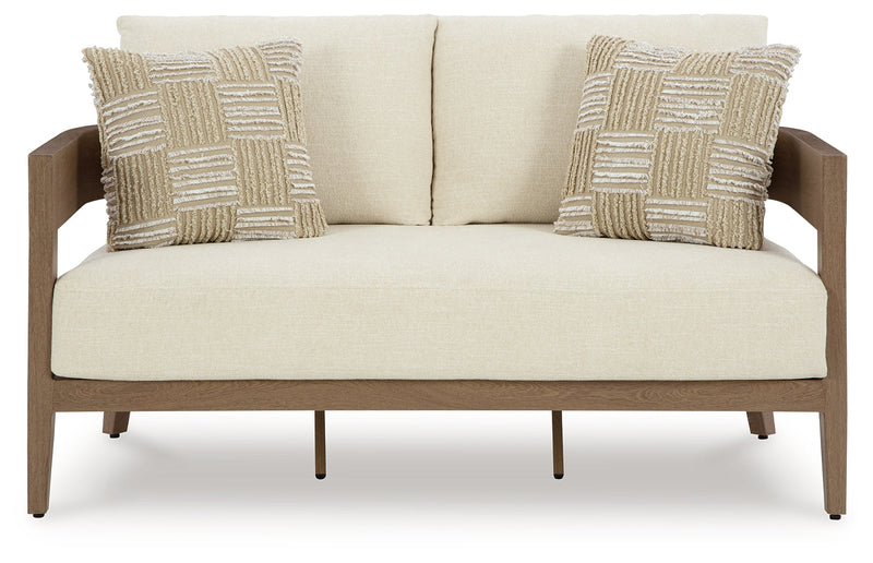 Serene Bay Outdoor Sofa and Loveseat with Coffee Table in Dark Brown/White from Ashley - DMV Furniture