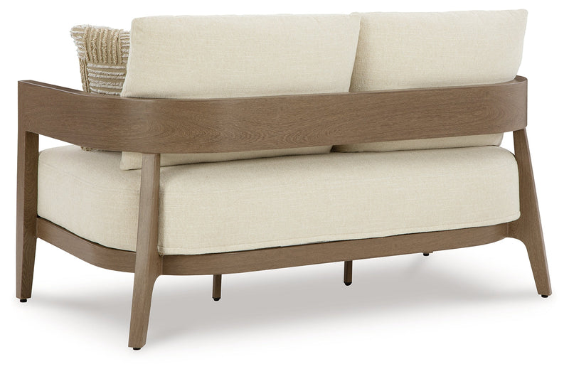 Serene Bay Outdoor Sofa and Loveseat with Coffee Table in Dark Brown/White from Ashley - DMV Furniture