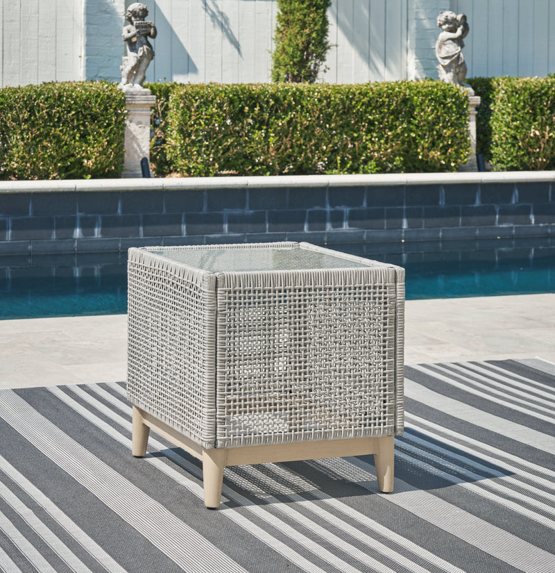 Seton Creek 2 Outdoor Lounge Chairs with End Table in Gray from Ashley - DMV Furniture