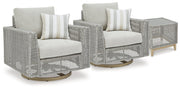 Seton Creek 2 Outdoor Lounge Chairs with End Table in Gray from Ashley - DMV Furniture