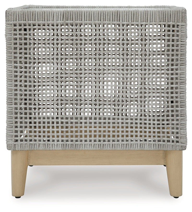 Seton Creek 2 Outdoor Lounge Chairs with End Table in Gray from Ashley - DMV Furniture
