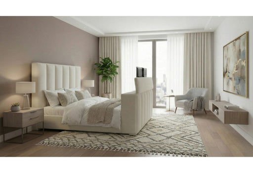 Serenity Crema Queen Bed With Speaker, Tv Lift And Fireplace - SERENITY-CREMA-QB W/ SPEAKER TV LIFT FP
