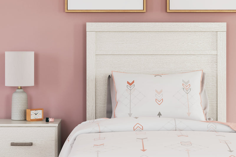 Stelsie Twin Panel Bed with Mirrored Dresser, Chest and 2 Nightstands in White - PKG015993