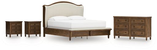 Sturlayne California King Upholstered Panel Bed with Dresser and 2 Nightstands in Brown from Ashley - DMV Furniture