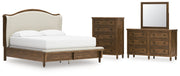 Sturlayne California King Upholstered Panel Bed with Mirrored Dresser and Chest in Brown from Ashley - DMV Furniture