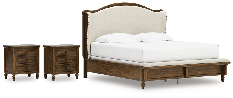 Sturlayne King Upholstered Panel Bed with 2 Nightstands in Brown from Ashley - DMV Furniture