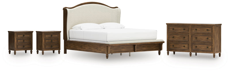Sturlayne King Upholstered Panel Bed with Dresser and 2 Nightstands in Brown from Ashley - DMV Furniture
