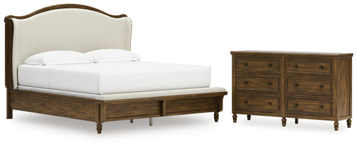Sturlayne King Upholstered Panel Bed with Dresser in Brown from Ashley - DMV Furniture