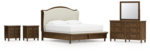 Sturlayne King Upholstered Panel Bed with Mirrored Dresser and 2 Nightstands in Brown from Ashley - DMV Furniture