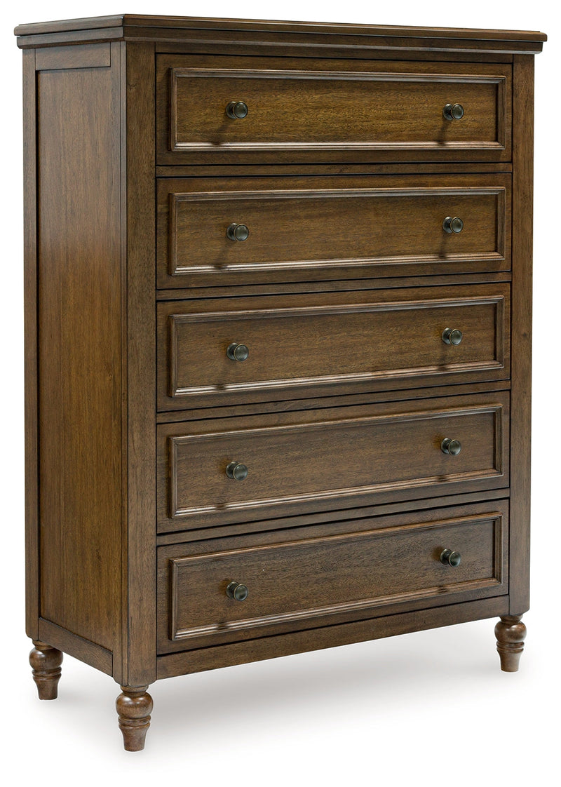 Sturlayne King Upholstered Panel Bed with Mirrored Dresser, Chest and Nightstand in Brown from Ashley - DMV Furniture