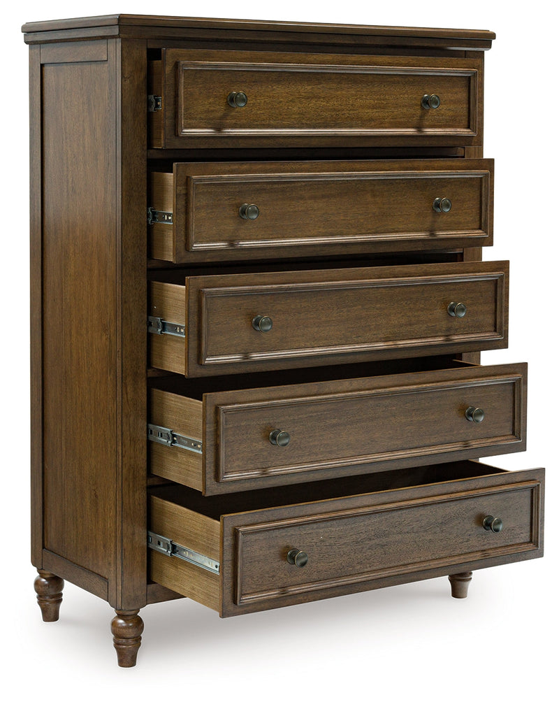 Sturlayne King Upholstered Panel Bed with Mirrored Dresser, Chest and Nightstand in Brown from Ashley - DMV Furniture