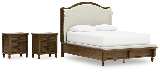 Sturlayne Queen Upholstered Panel Bed with 2 Nightstands in Brown from Ashley - DMV Furniture